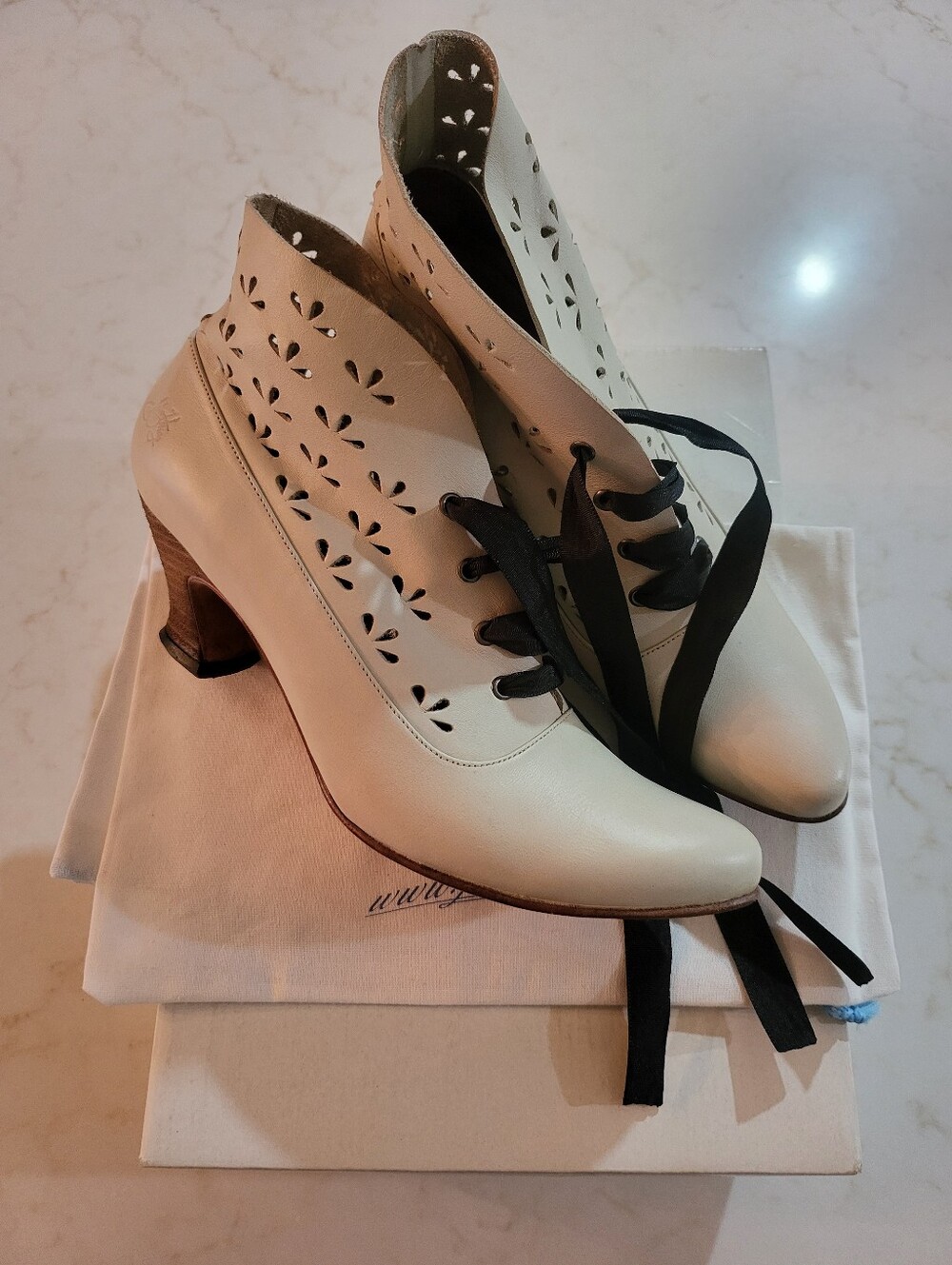 John Fluevog "Wonders" Laser-Cut Leather Lace-Up Boots - Size 7.5